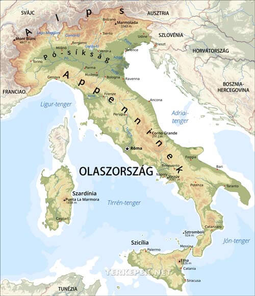 Olaszország domborzati térképe